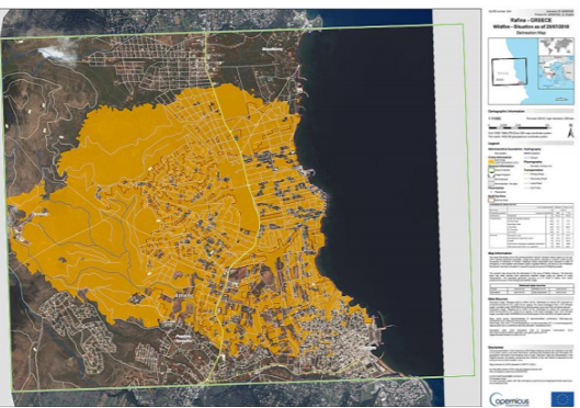 Figure 10: A satellite image recorded on 23 July 2018 by Sentinel-2 and processed by Copernicus Emergency management Service, indicating the fire expansion to Neos Voutzas, Mati and Rafina areas. (COPERNICUS EMSR300, 2018). 70% of Mati was burned. (Source: https://www.preventionweb.net/files/66718_f448karmaetalchallengesandlessonsle.pdf)