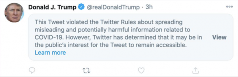 Figure 3: Censored tweet of President Donald Trump. Adapted from Spring, M. (2020, October 06). Trump Covid post deleted by Facebook and hidden by Twitter. Retrieved December 10, 2020, from https://www.bbc.com/news/technology-54440662