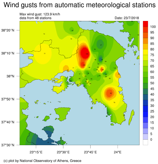 Figure 4: Wind Gusts in Attica, 23rd July 2020. Reference 16.