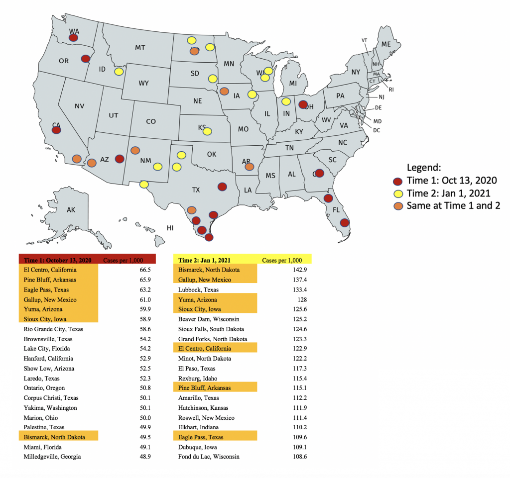 Figure 1: Map and List of Top 20 MSAs at Time 1 (October 13, 2020) and Time 2 (January 1, 2021)