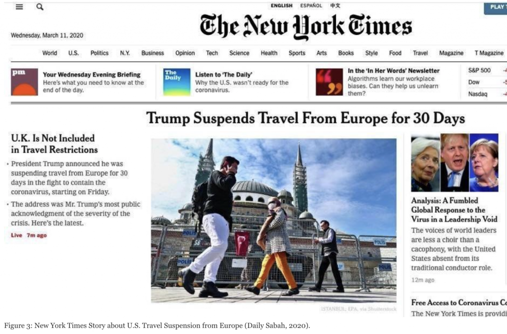 Figure 3: New York Times story about U.S. travel suspension from Europe (Daily Sabah, 2020)