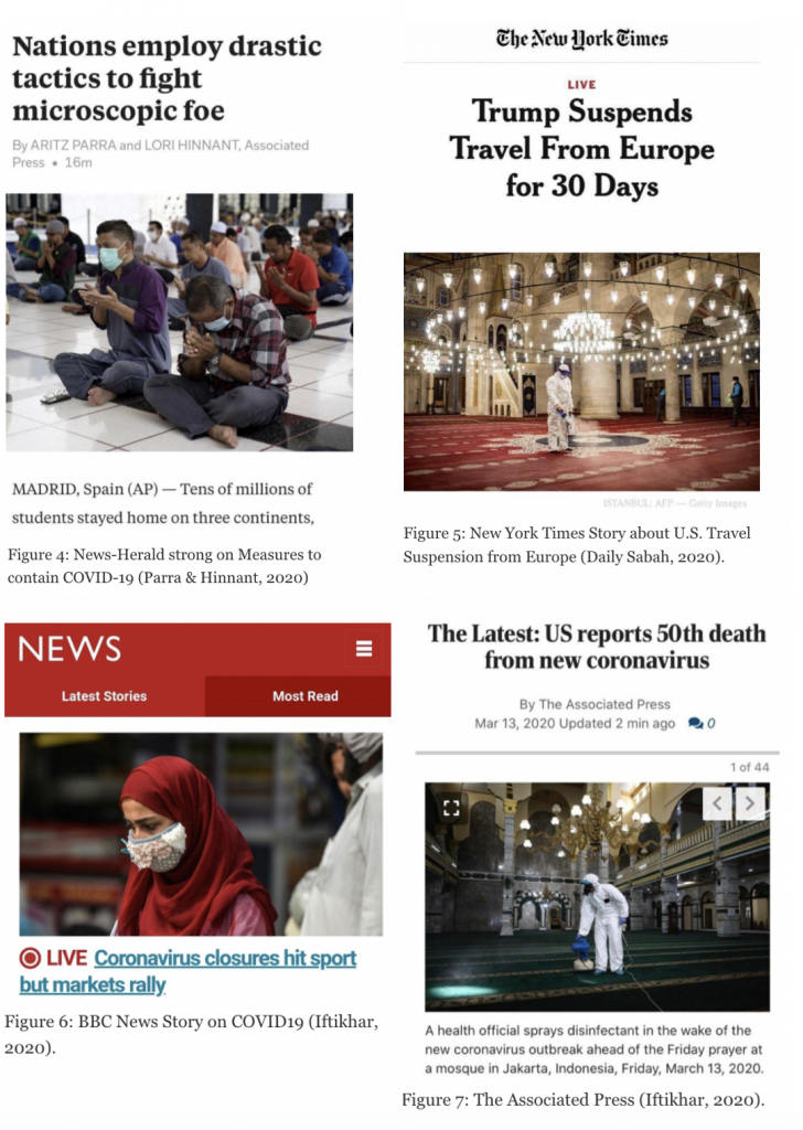 Figure 4: News-Herald story on measures to contain COVID-19; Figure 5: New York Times story about U.S. travel suspension from Europe (Daily Sabah, 2020); Figure 6: BBC News Story on COVID-19 (Iftikhar, 2020); Figure 7: The Associate Press (Iftikhar, 2020).